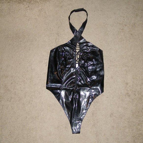 🔥 NEW (Vintage) Allure Leather Black Vinyl Halter Teddy XL 8-10 - Picture 2 of 12